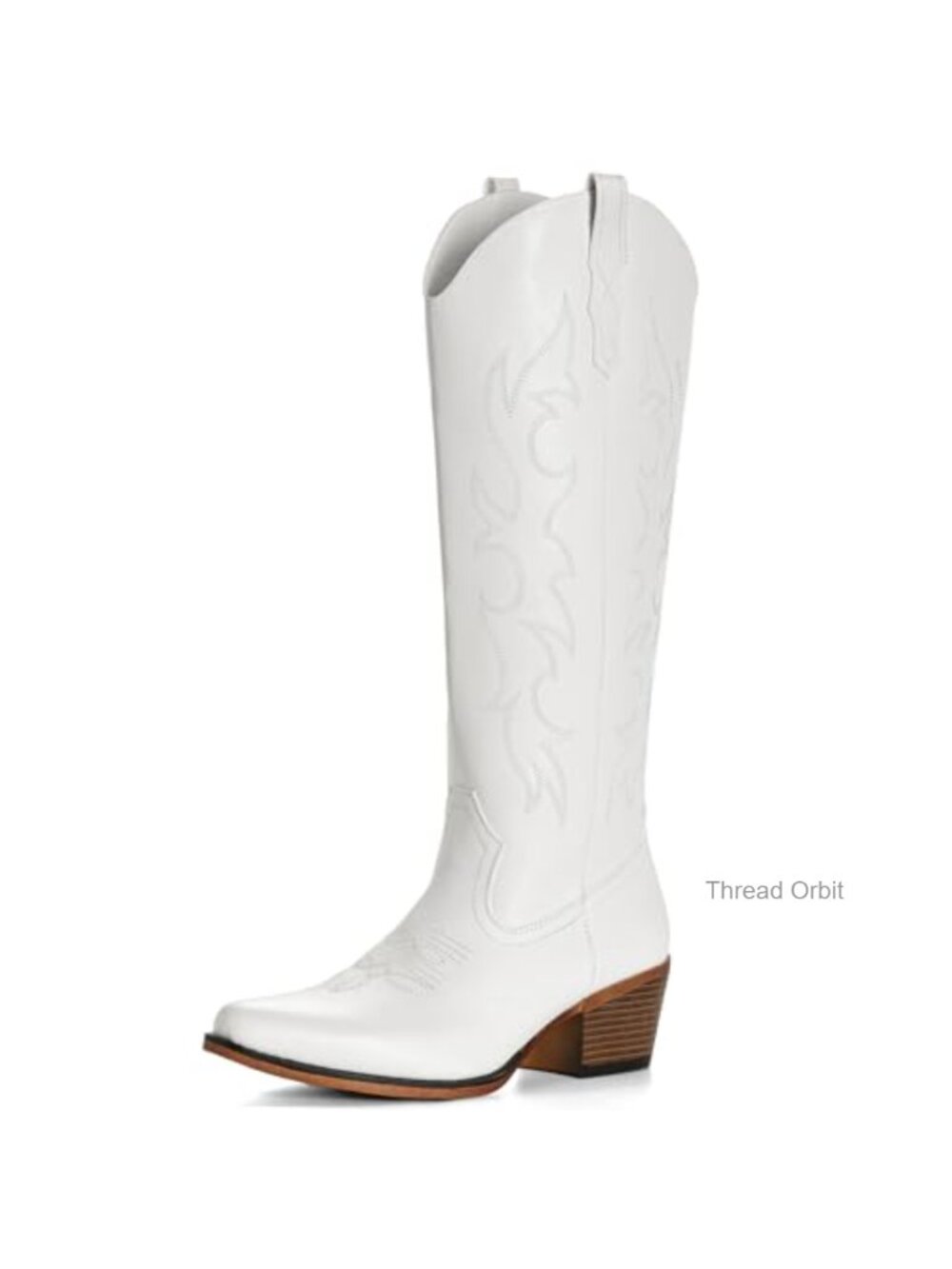Wide Calf Embroidered Western Knee High Boots Pointed Toe Block Heel Pull On
